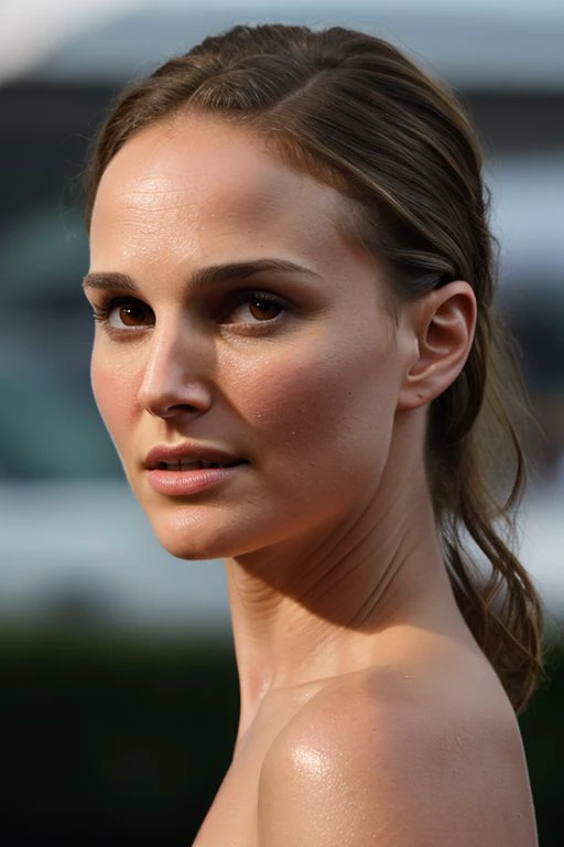 (CR-Natali3Portm4n-frankyfrank2k:0.9), photo of woman, grey background, (undercut hair:1.0), (oiled shiny skin:1.0), (tilted angle shot:1.0),