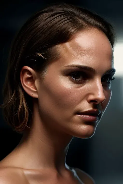 (CR-Natali3Portm4n-frankyfrank2k:0.9), face closeup photo of woman, grey background, (slick undercut hair:1.0), (oiled shiny skin:1.0), (tilted angle shot:1.0),  soft lighting,