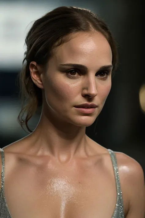 (CR-Natali3Portm4n-frankyfrank2k:0.9), photo of woman, grey background, (undercut hair:1.0), (oiled shiny skin:1.0), (tilted angle shot:1.0),