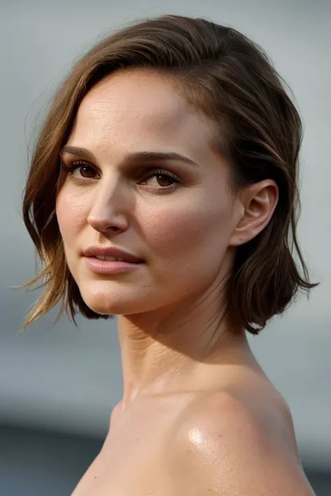 (CR-Natali3Portm4n-frankyfrank2k:0.9), photo of woman, grey background, (undercut hair:1.0), (oiled shiny skin:1.0), (tilted angle shot:1.0),