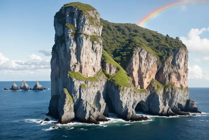 high quality color professional photograph  of motorway service area  sea stack clear with a rainbow morning light  photorealistic:1.4, best quality, realistic, masterpiece, high quality, UHD, shadow, taken by Canon EOS, SIGMA Art Lens 35mm F1.4, ISO 200 Shutter Speed 2000