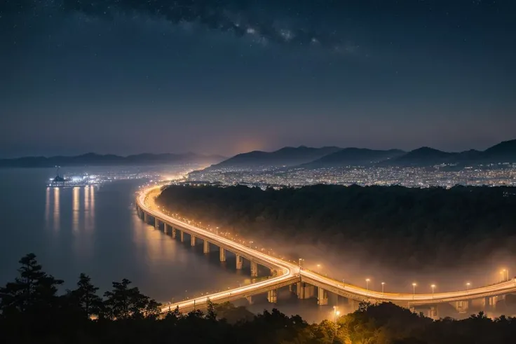 high quality color professional photograph  of international border crossing  coast foggy starlight  photorealistic:1.4, best quality, realistic, masterpiece, high quality, UHD, shadow, taken by Canon EOS, SIGMA Art Lens 35mm F1.4, ISO 200 Shutter Speed 2000