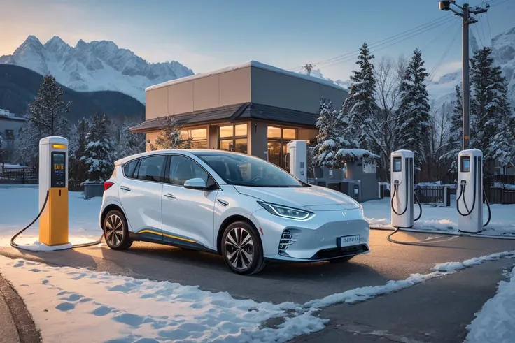 high quality color professional photograph  of electric vehicle charging station  promontory snowy golden hour  photorealistic:1.4, best quality, realistic, masterpiece, high quality, UHD, shadow, taken by Canon EOS, SIGMA Art Lens 35mm F1.4, ISO 200 Shutter Speed 2000