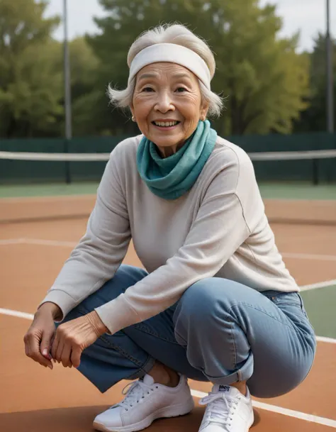 iris shot  image of  elderly east asian woman with a symmetrical long face, scars,  monolid turquoise eyes and a bulbous nose, a double chin chin, and a an expression of glee.  Her hair is thick platinum blonde in a updo with hat . She has a pear-shaped bodytype, and is wearing grunge  cowl-neck top  and   flare jeans   ,  hairbands and tennis shoes glamour photo detailed outdoor background, professional photograph, natural light, sharp focus, film grain