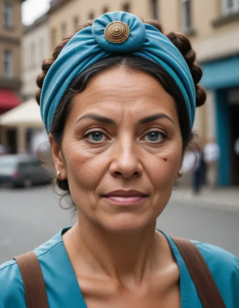 crane shot  image of  older adult pacific islander woman with a symmetrical oval face, scars,  downturned aqua eyes and a misshapen nose, a rounded chin, and a an expression of vulnerability.  Her hair is straight bright_multicolor in a chignon with headband . She has a thin bodytype, and is wearing elegant  fourty-something scottish woman oval face  wide  nose  blue angular  eyes high cheekbones,  straight blue  curly or spiral curls  mechanic uniform  ,  hats and gladiators candid street photography detailed outdoor background, professional photograph, natural light, sharp focus, film grain