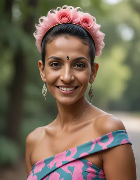 two-shot  image of  elderly south asian woman with a symmetrical prominent-cheekboned face, cleft lip,  small green eyes and a hawk-like nose, a chiseled chin, and a a smile.  Her hair is curly pink _streaked in a mohawk with fascinator . She has a angular bodytype, and is wearing artsy  off-the-shoulder dress  ,  hairpins and designer snakers portrait detailed outdoor background, professional photograph, natural light, sharp focus, film grain