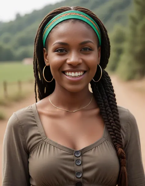 reaction shot  image of  fourty-something senegalese woman with a asymmetrical round face, laugh lines,  close-set green eyes and a button nose, a rounded chin, and a an expression of jealousy.  Her hair is fine auburn in a box braids with headband . She has a well-proportioned bodytype, and is wearing western  maxi dress  ,  hairpins and thigh-high boots full length portrait detailed outdoor background, professional photograph, natural light, sharp focus, film grain