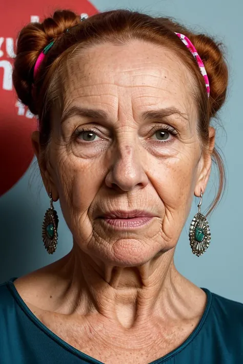 reverse shot  image of  aging spanish woman with a symmetrical balanced face, birthmarks,  deep-set teal eyes and a bulbous nose, a chiseled chin, and a an expression of compassion.  Her hair is smooth redhead in a space buns with hair ribbon . She has a slight bodytype, and is wearing grunge  flapper dress  ,  hats and thigh-high boots