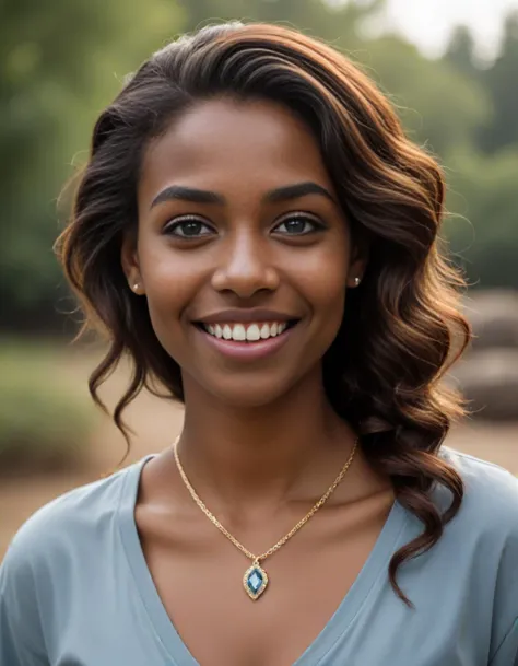 reaction shot  image of  thirty-something sudanese woman with a asymmetrical diamond-shaped face, tooth gap (diastema),  large blue eyes and a upturned nose, a wiry chin, and a an expression of affection.  Her hair is wavy mahogany in a mermaid waves with scrunchie . She has a well-proportioned bodytype, and is wearing sporty  shirt  and   trousers   ,  necklaces and boots portrait detailed outdoor background, professional photograph, natural light, sharp focus, film grain