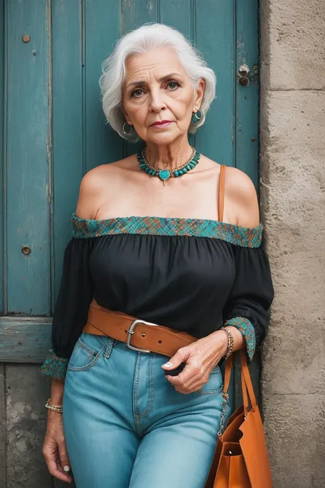 AS-Elderly high quality color professional 3/4 length portrait of older adult mexican woman angular face short nose turquoise __uds_wildcards/personmaker/eyeshape__ eyes beauty mark coarse orange straight and sleek punk off-the-shoulder top paperbag waist pants clutches sunset photorealistic:1.4, best quality, realistic, masterpiece, high quality, UHD, shadow, taken by Canon EOS, SIGMA Art Lens 35mm F1.4, ISO 200 Shutter Speed 2000
