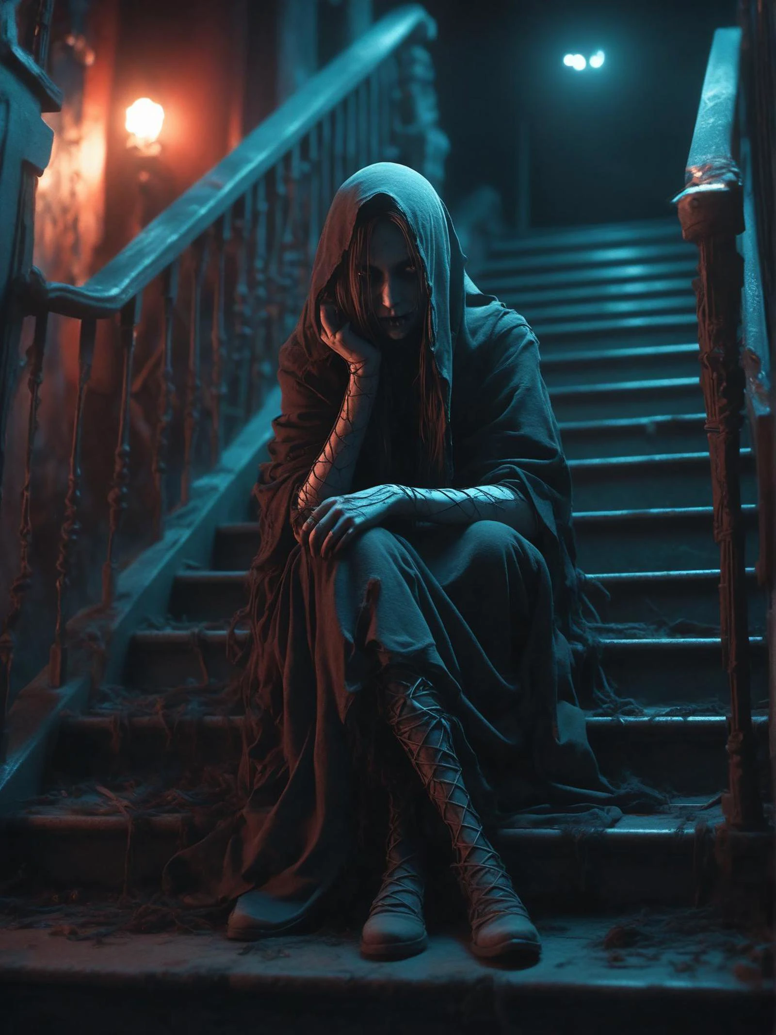 glitchcore aesthetic arafed woman sitting on a set of stairs in a building, horror environment, inside haunted house, inside a haunted house, haunted house interior, film still from horror movie, room with eerie feeling, still from horror movie, horror film still, film still from a horror movie, detailed 4k horror artwork, hyperrealistic nightmare scene, horror theme, highly detailed horror dystopian . distorted, chaotic, digital, highly detailed