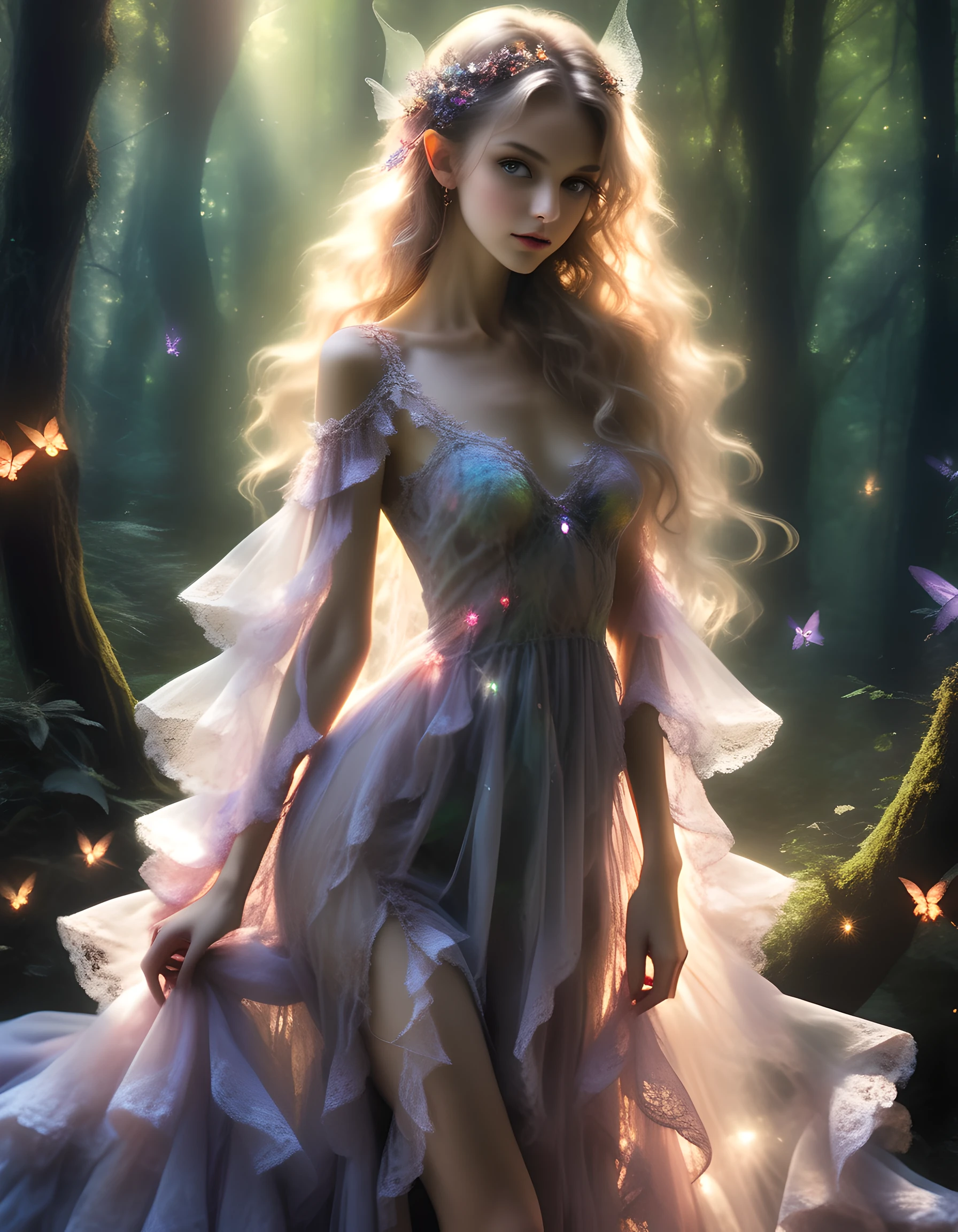beautful magical fairy, 22 years old, perfect slim feminine figure, perfect arousing sweet face, seducing pose and expression, mythical frilly lace see through gown, dark sensual lighting, magical colourful forest,
breathtaking desire, mysterious, etheral, hypntoic, fantasy, <lora:xl_more_art-full_v1:0.5>