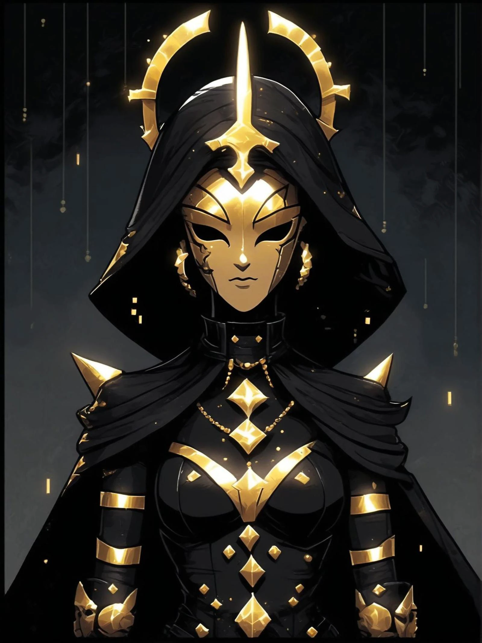 8 bit game style the image showcases a character with dark, gothic inspired aesthetics. the figure is adorned in black and gold armor, which covers their upper body and face, giving them an imposing and mysterious appearance. the character's attire appears to be made of leather or similar materials, adding to the overall edgy feel of the outfit.,the image presents a female character from a video game or comic book, standing against a dark background. she is dressed in a black outfit adorned with gold accents, giving her a regal appearance. the mask she wears covers the lower half of her face, adding an element of mystery to her character. her attire includes a hood that frames her head, and she is also wearing gloves and a belt as part of her ensemble. the overall impression is of a strong, enigmatic figure ready for action. . pixel art, simple controls, retro music, nostalgia play