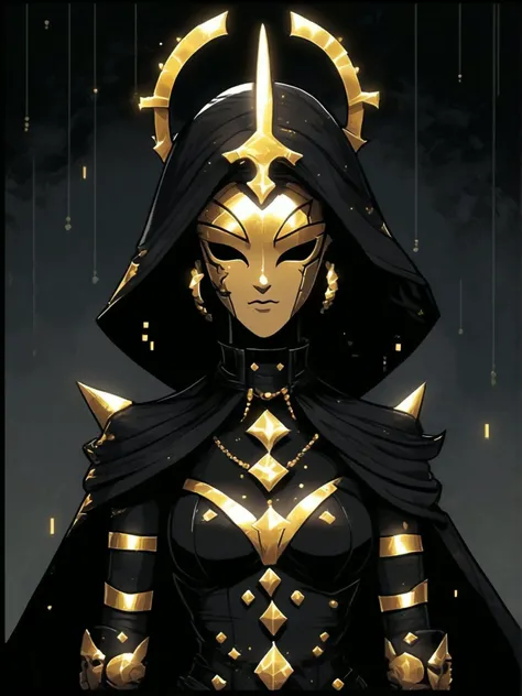 8 bit game style the image showcases a character with dark, gothic inspired aesthetics. the figure is adorned in black and gold armor, which covers their upper body and face, giving them an imposing and mysterious appearance. the character's attire appears to be made of leather or similar materials, adding to the overall edgy feel of the outfit.,the image presents a female character from a video game or comic book, standing against a dark background. she is dressed in a black outfit adorned with gold accents, giving her a regal appearance. the mask she wears covers the lower half of her face, adding an element of mystery to her character. her attire includes a hood that frames her head, and she is also wearing gloves and a belt as part of her ensemble. the overall impression is of a strong, enigmatic figure ready for action. . pixel art, simple controls, retro music, nostalgia play