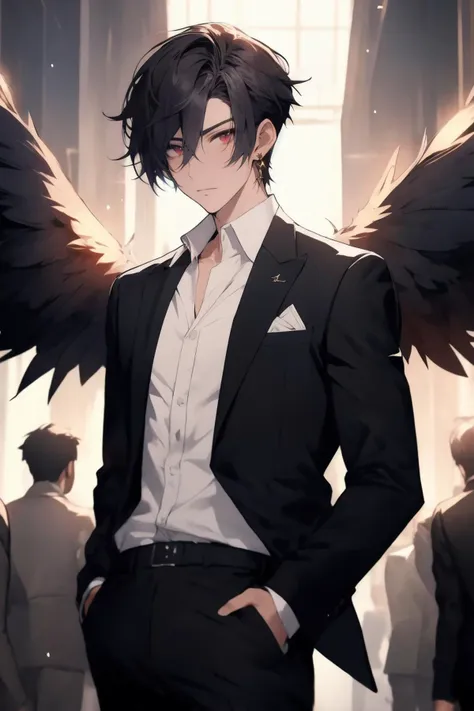 masterpiece, best quality,
illustration, wings, jewelry, earrings, male focus, red eyes, feathered wings, 1boy, solo focus, looking at viewer, jacket, shirt, pants, short hair, black pants, black jacket, closed mouth, grey hair, hair between eyes, solo, white shirt, long sleeves, standing, bangs, cowboy shot