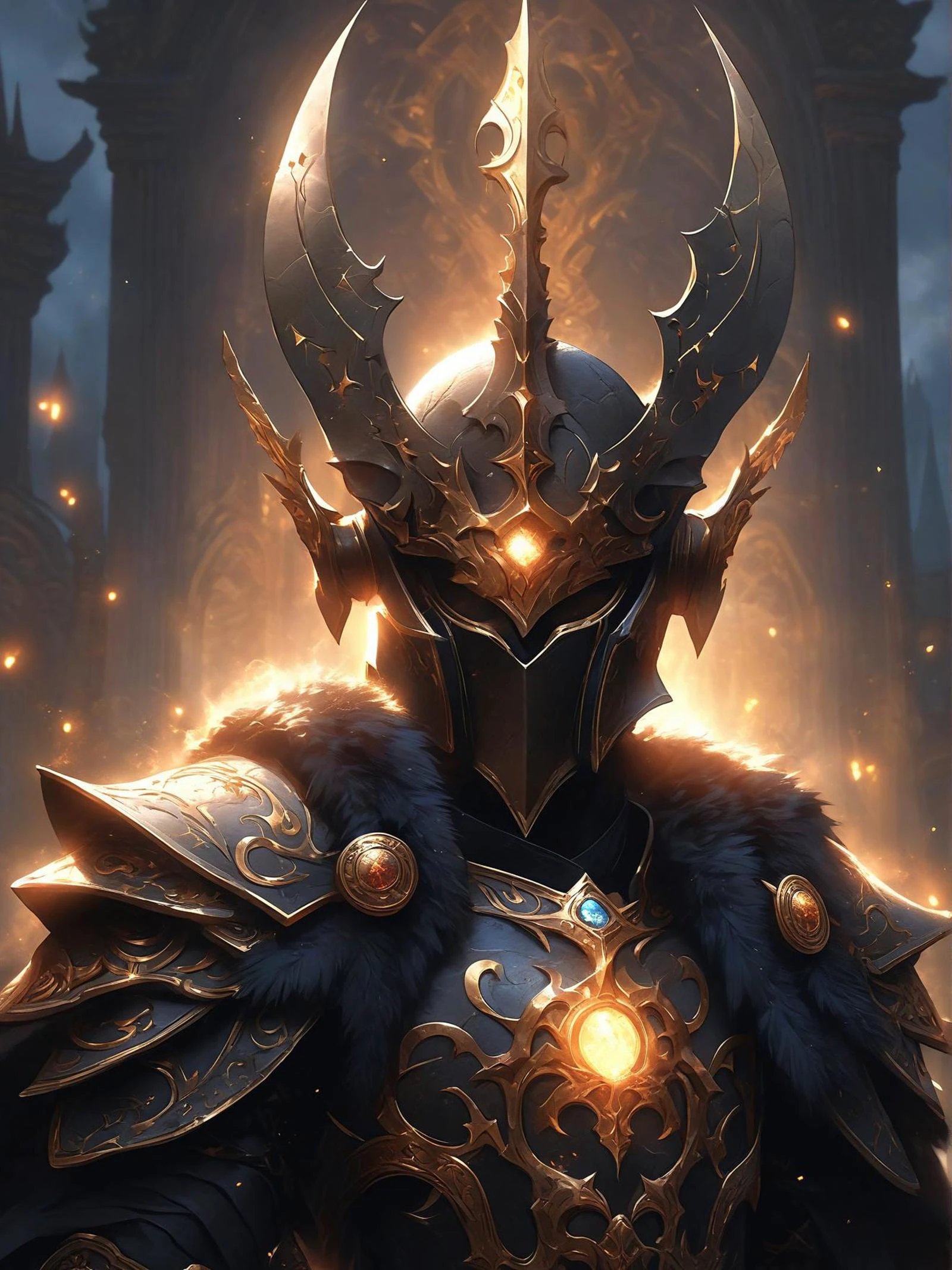 ethereal fantasy concept art of in the image, a character from a video game or movie is depicted. the character is clad in a striking black armor adorned with gold accents, giving it a regal appearance. a large golden emblem graces the chest of the armor, drawing attention amidst the dark attire. the helmet, also black with gold accents, features two glowing orange eyes that stand out against the darkness. this helm conceals the face, adding an air of mystery to the character. the setting appears to be a castle or temple, characterized by its stone architecture and multiple torches scattered throughout the background. the warm glow of these torches contrasts with the otherwise dark environment, casting dramatic shadows and highlighting the character's imposing figure. . magnificent, celestial, ethereal, painterly, epic, majestic, magical, fantasy art, cover art, dreamy