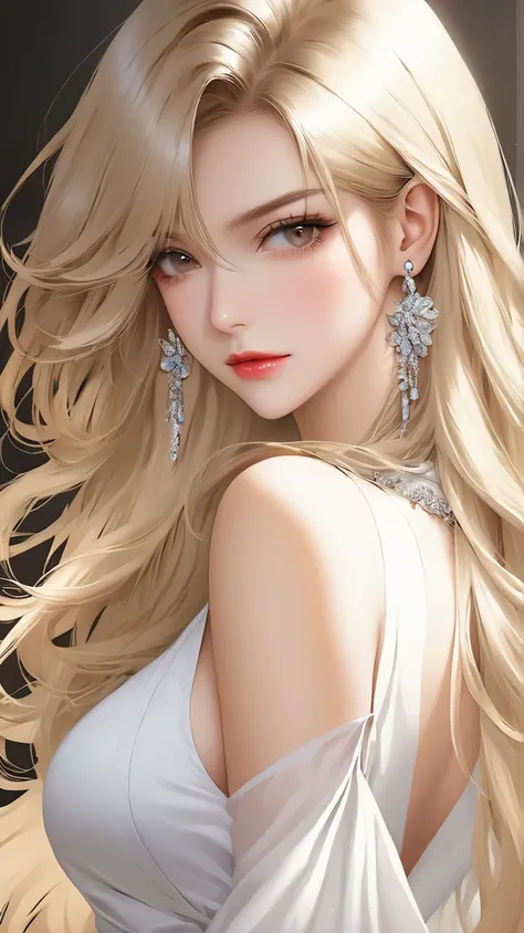 1girl, close-up shot, solo, long hair, blonde hair, revealing white, slit dress, looking at the viewer, bangs, upper body, earrings, from side, jewelry, closed mouth