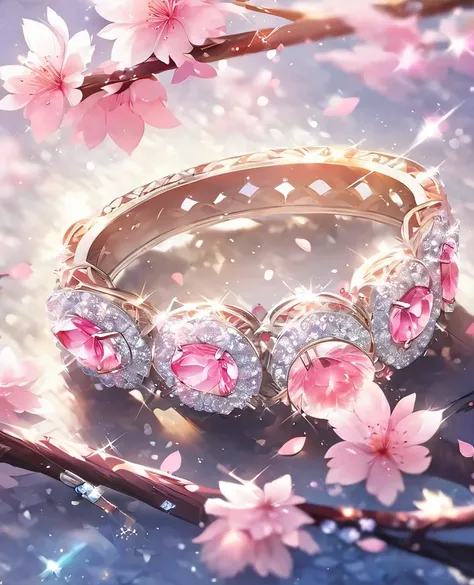 blurry, cherry blossoms, depth of field, flower, gem, no humans, petals, pink flower, sparkle, still life