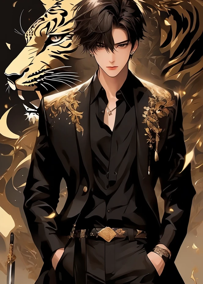 masterpiece, best quality
illustration, 1boy, weapon, sword, male focus, pants, black pants, shirt, short hair, standing, animal, long sleeves, closed mouth, jewelry, jacket, cowboy shot, earrings, bangs, solo, black jacket
