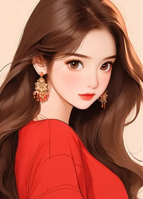 masterpiece, best quality
illustration, 1girl, solo, jewelry, long hair, brown eyes, earrings, looking at viewer, brown hair, upper body, simple background, lips, shirt, blush, eyelashes, closed mouth