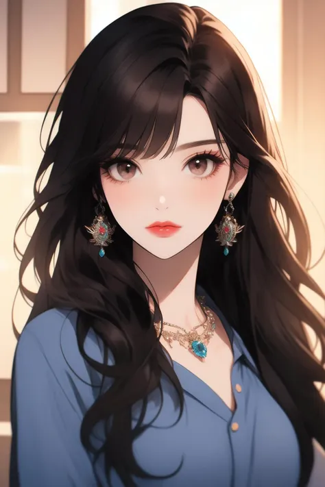 masterpiece, best quality,
illustration, 1girl, solo, jewelry, long hair, shirt, earrings, looking at viewer, necklace, black hair, bangs, makeup, closed mouth, lipstick, upper body, lips, hair ornament