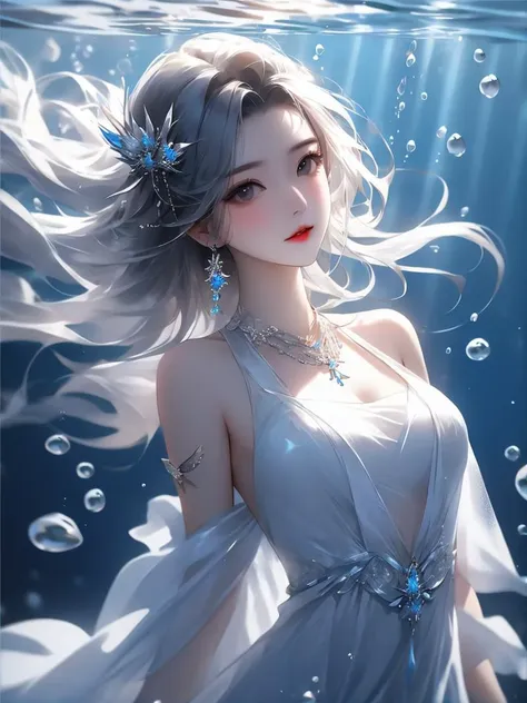 masterpiece, best quality,
1girl, air bubble, bare shoulders, breasts, bubble, dress, earrings, grey eyes, hair ornament, jewelry, long hair, necklace, solo, underwater, upper body, water, white dress, white hair