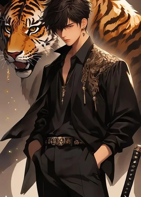 masterpiece, best quality
illustration, 1boy, weapon, sword, male focus, pants, black pants, shirt, short hair, standing, animal, long sleeves, closed mouth, jewelry, jacket, cowboy shot, earrings, bangs, solo, black jacket