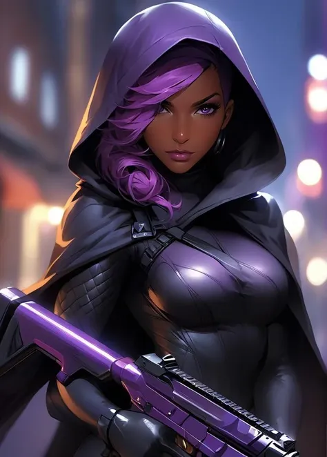 masterpiece, best quality
1girl, asymmetrical hair, blurry, bodysuit, breasts, cape, dark-skinned female, dark skin, gun, holding, holding gun, holding weapon, hood, lips, looking at viewer, makeup, medium breasts, mole, mole under eye, night, nose, outdoors, purple eyes, purple hair, rifle, solo, undercut, weapon