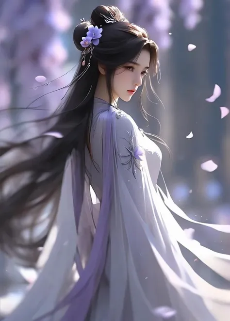 masterpiece, best quality
1girl, black hair, blurry, blurry background, closed mouth, dress, expressionless, falling petals, flower, from side, hair bun, hair flower, hair ornament, long hair, looking at viewer, petals, solo, upper body, white dress