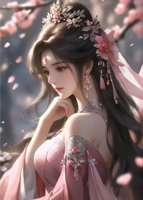 masterpiece, best quality
1girl, bare shoulders, black hair, blurry, branch, brown hair, dress, earrings, falling petals, flower, hair ornament, jewelry, long hair, pink dress, solo, upper body