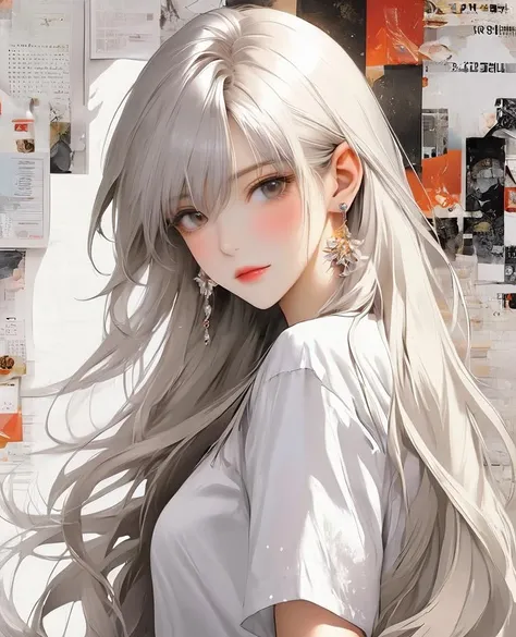 1girl, solo, long hair, shirt, looking at viewer, white shirt, bangs, upper body, earrings, from side, jewelry, white hair, closed mouth