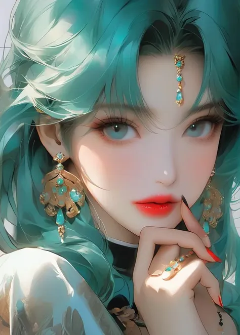 masterpiece, best quality
1girl, aqua eyes, aqua hair, bangs, bracelet, closed mouth, earrings, hand up, jewelry, lips, lipstick, long hair, looking at viewer, makeup, nail polish, red lips, solo, upper body