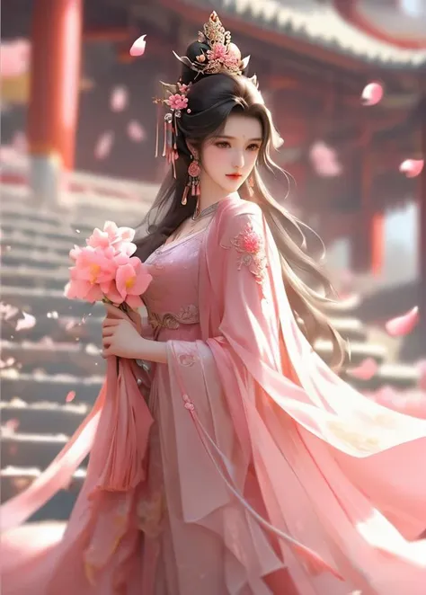 masterpiece, best quality
1girl, black hair, blurry, blurry background, brown hair, chinese clothes, closed mouth, dress, earrings, facial mark, falling petals, flower, forehead mark, from side, hair ornament, holding, holding flower, jewelry, long hair, long sleeves, looking at viewer, petals, pink dress, solo, stairs, upper body