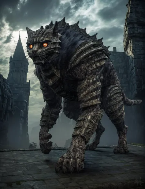 a giant cat,sotc,glowing eyes,full body,hyperdetailed photography,awardwinning,masterpiece,epic,trending on artstation,raw photo,castle in the background,<lora:shadowofthecolossus:0.8>