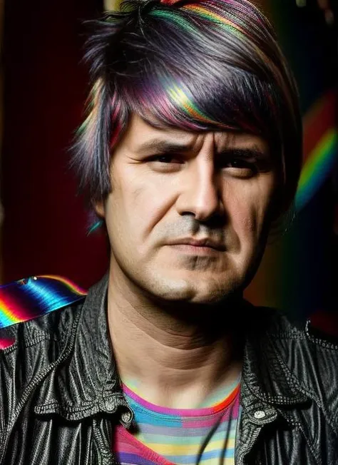 portratit photo of man (CIRO2:1) with leather jacket, ((rainbow punk haircut)), blurred background, (masterpiece), detailed face, sharp focus, <lora:CIRO2:1> <lyco:locon_perfecteyes_v1_from_v1_64_32:0.80> <lora:add_detail:1.2>