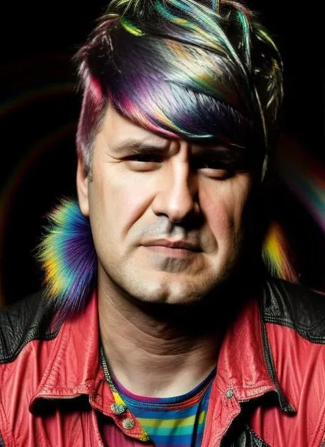 portratit photo of man (CIRO2:1) with leather jacket, ((rainbow punk haircut)), blurred background, (masterpiece), detailed face, sharp focus, <lora:CIRO2:1> <lyco:locon_perfecteyes_v1_from_v1_64_32:0.80> <lora:add_detail:1.2>