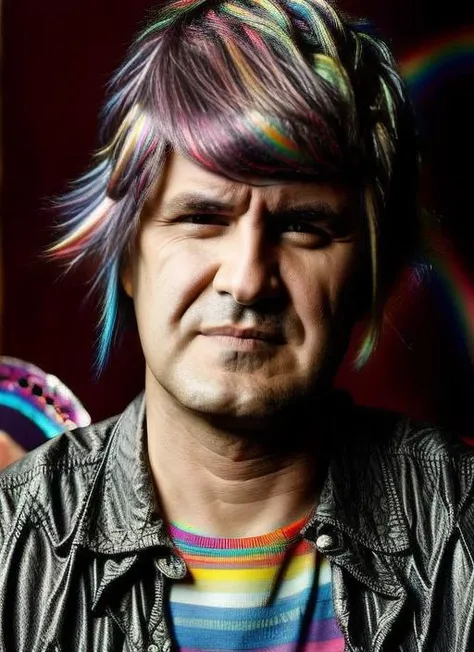 portratit photo of man (CIRO2:1) with leather jacket, ((rainbow punk haircut)), blurred background, (masterpiece), detailed face, sharp focus, <lora:CIRO2:1> <lyco:locon_perfecteyes_v1_from_v1_64_32:0.80> <lora:add_detail:1.2>