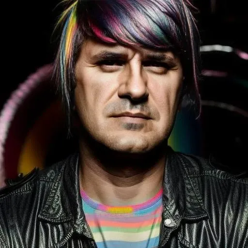 portratit photo of man (CIRO2:1) with leather jacket, ((rainbow punk haircut)), blurred background, (masterpiece), detailed face, sharp focus, <lora:CIRO2:1> <lyco:locon_perfecteyes_v1_from_v1_64_32:0.80> <lora:add_detail:1.2>