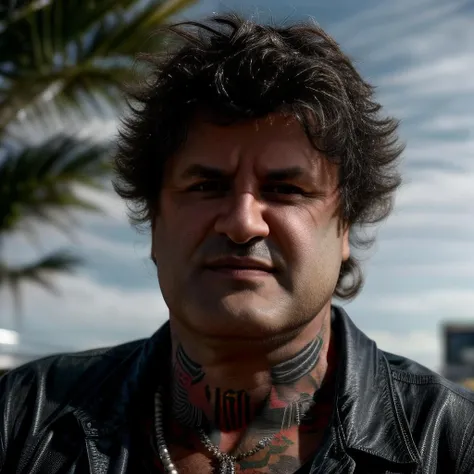 RAW Photo, 1man (CIRO2:1) close up with tattoos in the chest and arms dressed like (Trailer Park Boys:1) , outside, feather dramatic lighting perspective complex background depth of field city, (photorealistic), realistic 8k uhd, high quality, film grain, Fujifilm XT3, <lora:add_detail:1.0>, <lora:CIRO2:1>