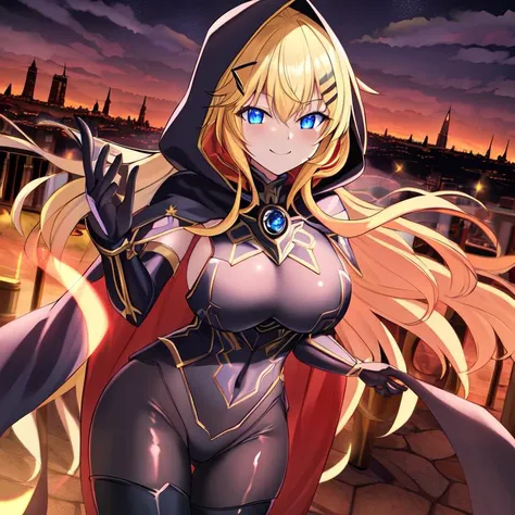 best quality, masterpiece, highres, detailed, perfect anatomy, long hair, yellow hair clips, tights, cape, black bodysuit, evil smile, breast plate, blue eyes, glowing eyes, night, city, blunt bangs, hood, EvilExecCh,
 <lora:EvilExec:0.7>