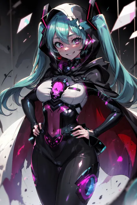 masterpiece,best quality,1girl,hatsune miku,evil grin,large breasts,wide hips,EvilExecCh,bodysuit,tights,cape,skull,hood,glowing eyes,<lora:EvilExec:0.7>,