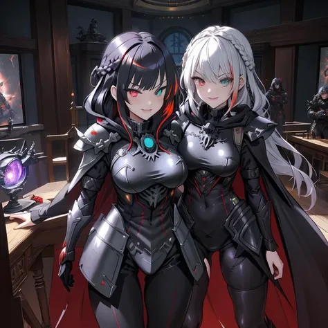 (1girl:1.2), best quality, masterpiece, highres, detailed, perfect anatomy, hair clips, tights, cape, black bodysuit, evil smirk, breast plate, heterochromia, multicolored hair, glowing eyes, night, mansion, hood, EvilExecCh, <lora:EvilExecCh:0.7>, ballroom, standing, holding halberd, science fiction, futuristic, armor, armored_dress, armor, vampire, fangs, covered breasts, medium breasts, science fiction, futuristic, monitor, (braid:1.2), battleship bridge, tiara, princess, cowboy shot,