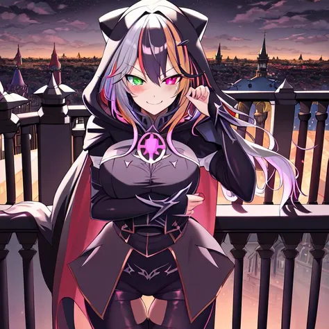 best quality, masterpiece, highres, detailed, perfect anatomy, hair clips, tights, cape, black bodysuit, evil smirk, breast plate, heterochromia, multicolored hair, glowing eyes, night, castle, hood, EvilExecCh, <lora:EvilExec:0.7>, balcony, standing on balcony,