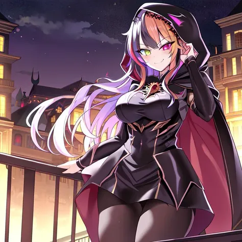 best quality, masterpiece, highres, detailed, perfect anatomy, hair clips, tights, cape, black bodysuit, evil smirk, breast plate, heterochromia, multicolored hair, glowing eyes, night, castle, hood, EvilExecCh, <lora:EvilExec:0.7>, balcony, standing on balcony,