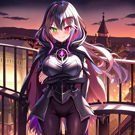 best quality, masterpiece, highres, detailed, perfect anatomy, hair clips, tights, cape, black bodysuit, evil smirk, breast plate, heterochromia, multicolored hair, glowing eyes, night, castle, hood, EvilExecCh, <lora:EvilExec:0.7>, balcony, standing on balcony,