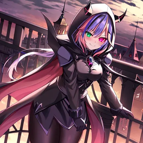 best quality, masterpiece, highres, detailed, perfect anatomy, hair clips, tights, cape, black bodysuit, evil smirk, breast plate, heterochromia, multicolored hair, glowing eyes, night, castle, hood, EvilExecCh, <lora:EvilExec:0.7>, balcony, standing on balcony,