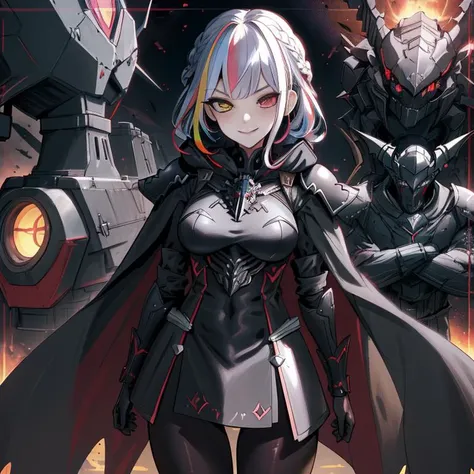 (1girl:1.2), best quality, masterpiece, highres, detailed, perfect anatomy, hair clips, tights, cape, black bodysuit, evil smirk, breast plate, heterochromia, multicolored hair, glowing eyes, night, mansion, hood, EvilExecCh, <lora:EvilExecCh:0.7>, ballroom, standing, holding halberd, science fiction, futuristic, armor, armored_dress, armor, vampire, fangs, covered breasts, medium breasts, science fiction, futuristic, monitor, (braid:1.2), battleship bridge, tiara, princess, cowboy shot,