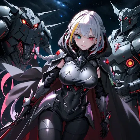 (1girl:1.2), best quality, masterpiece, highres, detailed, perfect anatomy, hair clips, tights, cape, black bodysuit, evil smirk, breast plate, heterochromia, multicolored hair, glowing eyes, night, mansion, hood, EvilExecCh, <lora:EvilExecCh:0.7>, ballroom, standing, holding halberd, science fiction, futuristic, armor, armored_dress, armor, vampire, fangs, covered breasts, medium breasts, science fiction, futuristic, monitor, (braid:1.2), battleship bridge, tiara, princess, cowboy shot,