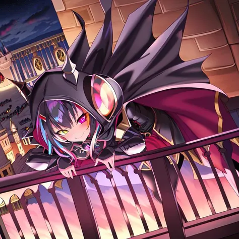 best quality, masterpiece, highres, detailed, perfect anatomy, hair clips, tights, cape, black bodysuit, evil smirk, breast plate, heterochromia, multicolored hair, glowing eyes, night, castle, hood, EvilExecCh, <lora:EvilExec:0.7>, balcony, standing on balcony,