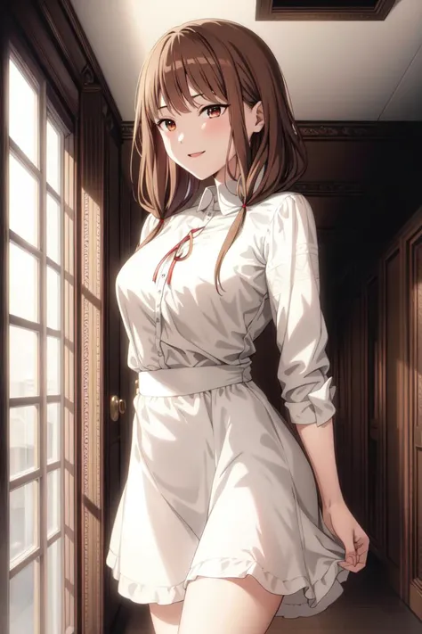 masterpiece, ((ultra detailed background, delicate pattern, intricate detail)), (highly detailed, fine details), best quality, 1girl, beautiful lighting, absurdres,solo, iino miko, brown eyes, brown hair, low twintails, school uniform, short dress, long sleeves, red ribbon, standing, indoors, hallway, smile, csm anime style, <lora:csm_anime_style_offset:0.6>, <lora:love is war:1>